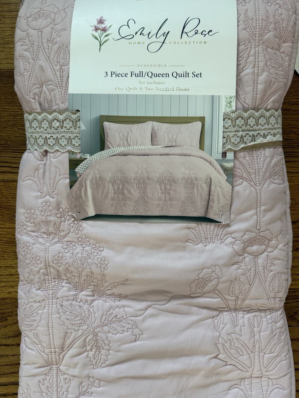 Emily Rose 3-Piece Reversible Full/Queen Quilt Set – Blush Pink / Floral